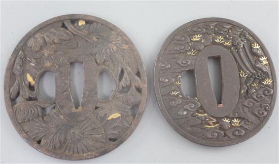 PLEASE NOTE THE TSUBA ARE IRON NOT BRONZE - Two Japanese gold inlaid bronze tsuba, 19th century, 7.2cm and 8cm